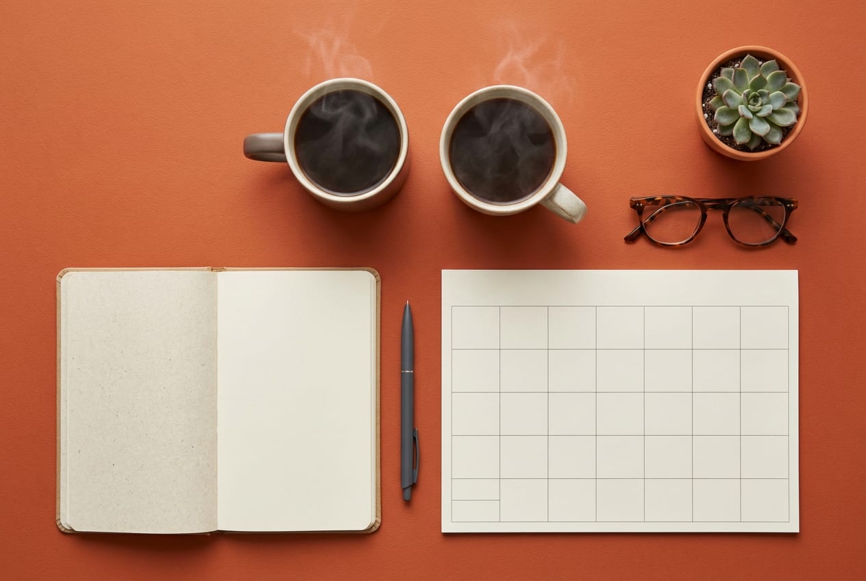 Overhead view of a desk laid out for a one-to-one meeting: an open blank notebook, a pen, two mugs of tea and a manager's reading glasses arranged neatly on a coloured surface.
