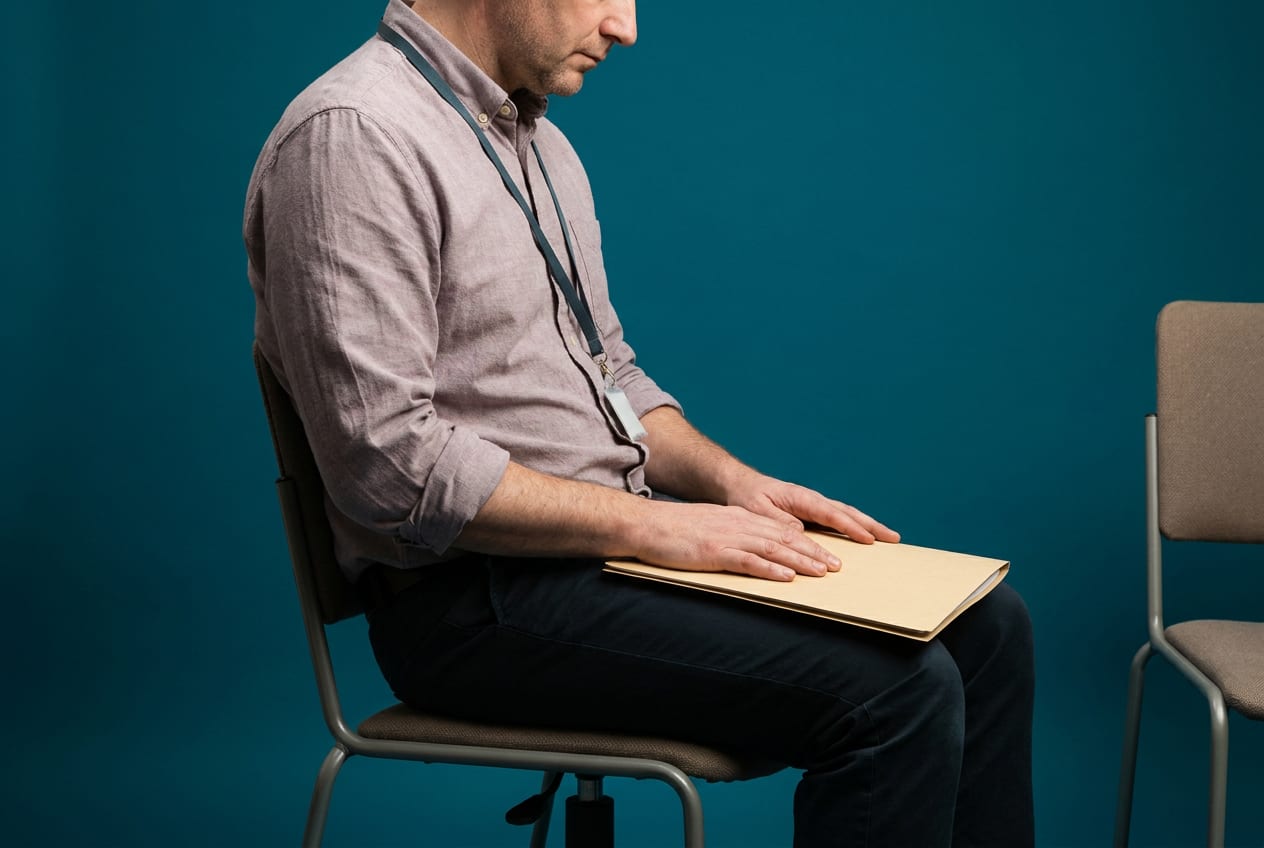 A line manager sitting alone at a small meeting room table with a printed policy in front of them and an empty chair opposite, face turned away from the camera