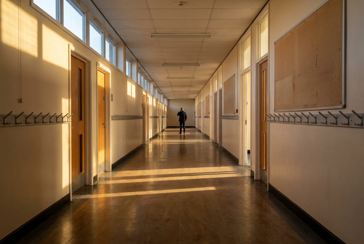 A very wide view down an empty school corridor at the end of the day, with a single adult standing far away at the other end holding a phone to their ear.