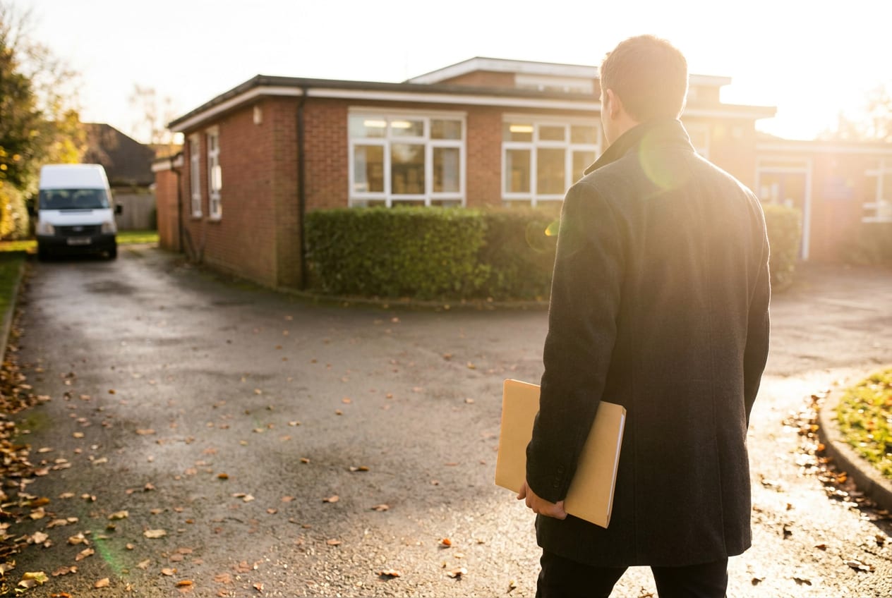 A parent stands on the drive outside a small specialist school at the end of a visit, face turned away, holding a plain card folder of the school's information pack.