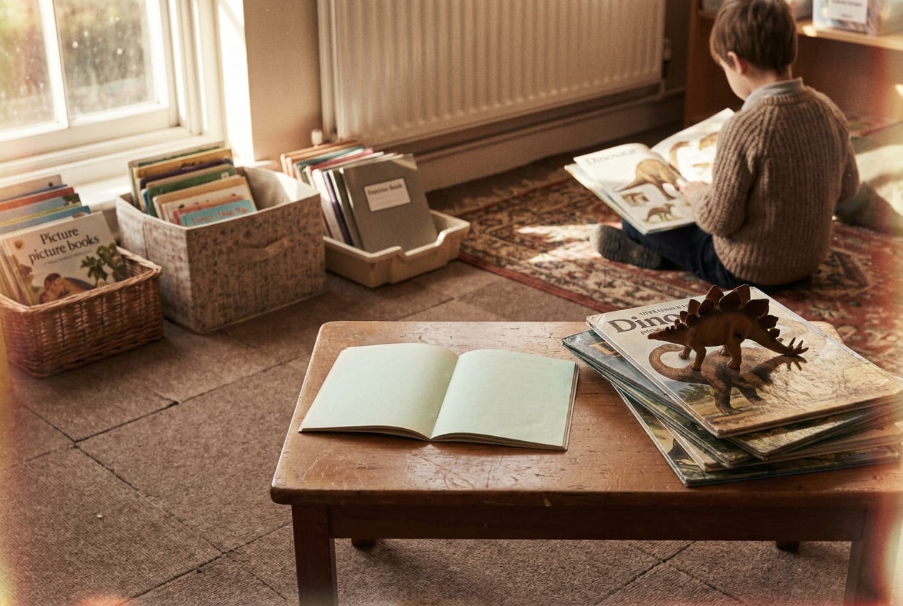 A school reading book lying open on a low classroom table beside a well thumbed stack of dinosaur books, with a child sitting turned away on the carpet behind.