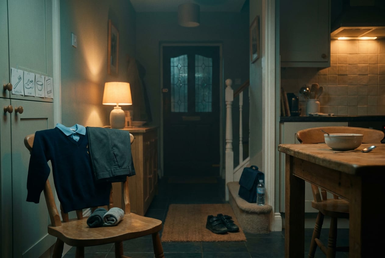 A dark kitchen late at night with a school uniform laid out over a chair in the order it goes on, small shoes set by the door, a packed book bag on the bottom stair and a cereal bowl already on the table, lit by one lamp