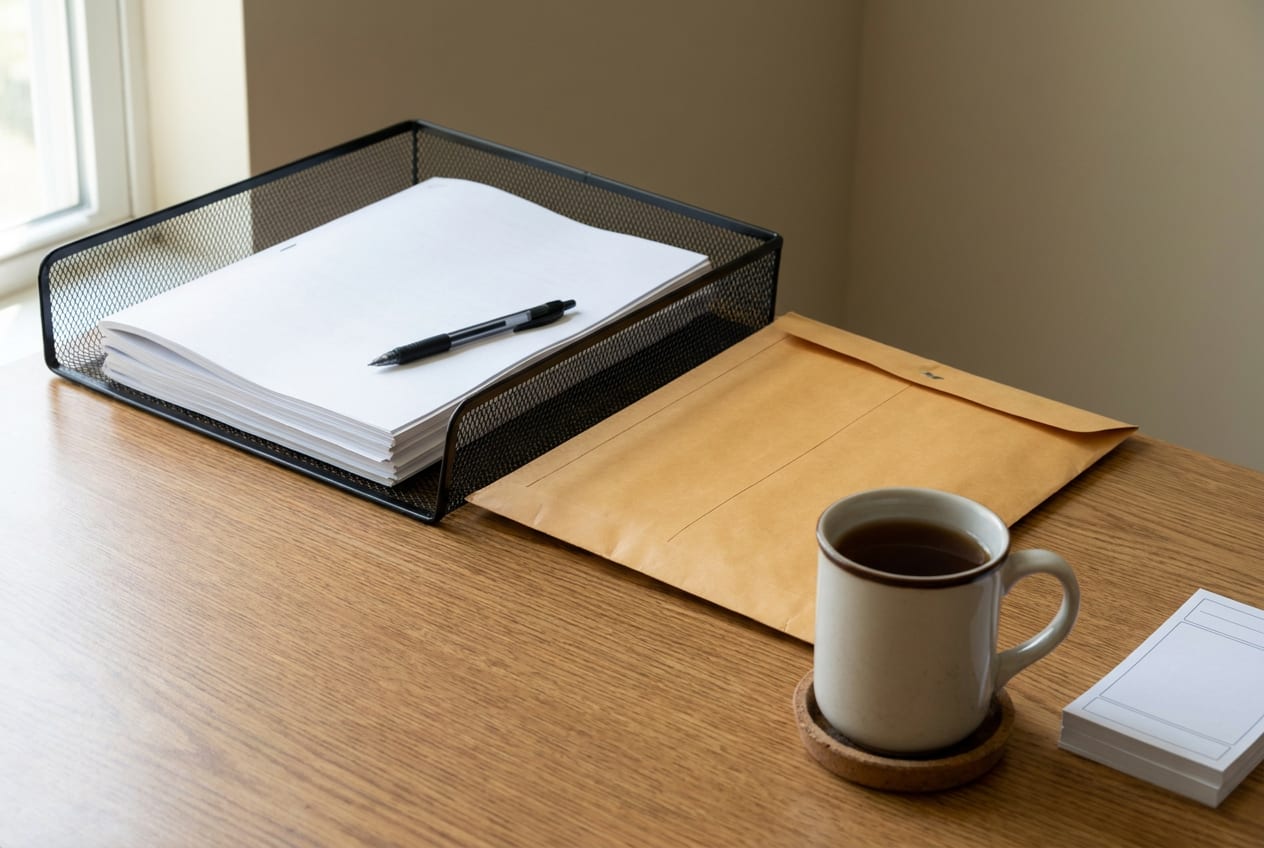 A stapled pack of plain papers lying open in a wire tray on an empty school office desk, beside an unopened envelope and a cold mug of tea.