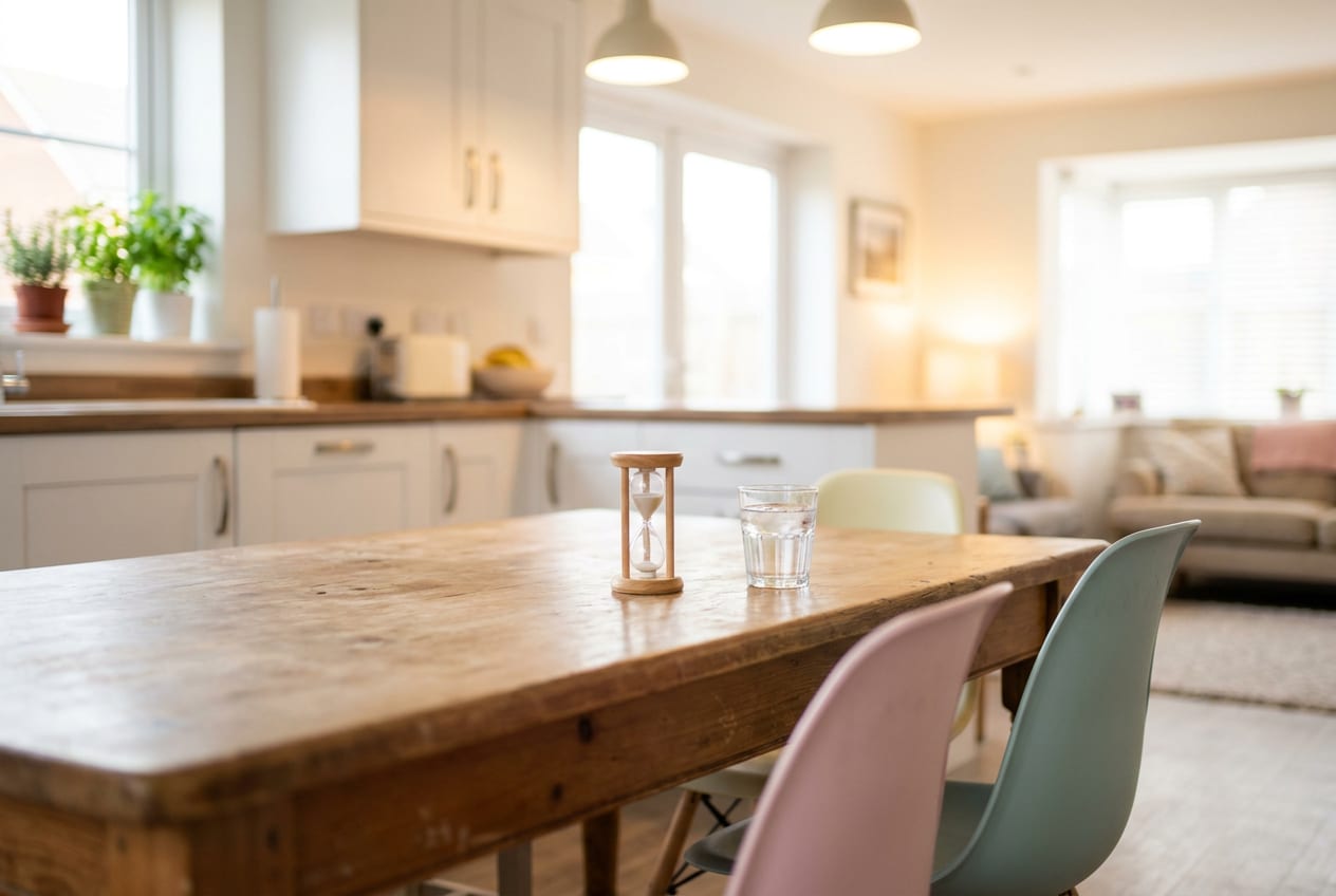 A cleared kitchen table in the evening, two chairs pulled round to the same corner, a small sand timer and a glass of water between them.