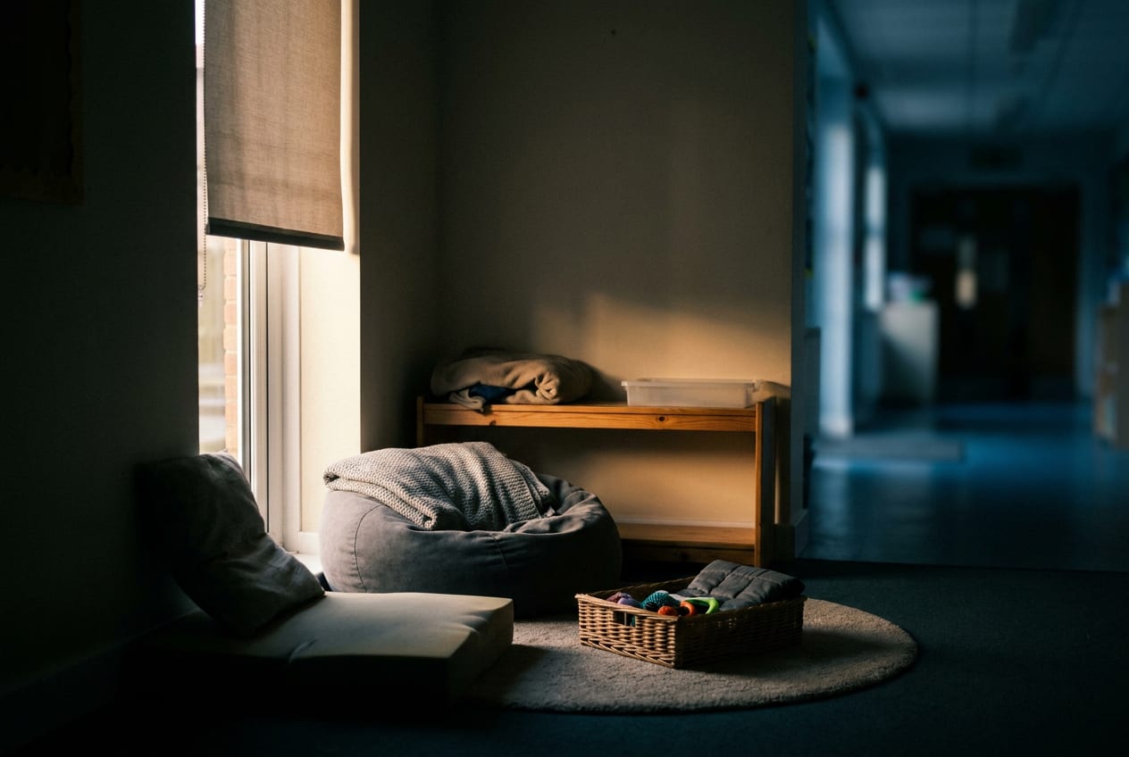 An empty calm space in a primary school: a low beanbag and folded blanket in a corner alcove, a basket of fidget items on a small rug, soft daylight through a half-closed blind