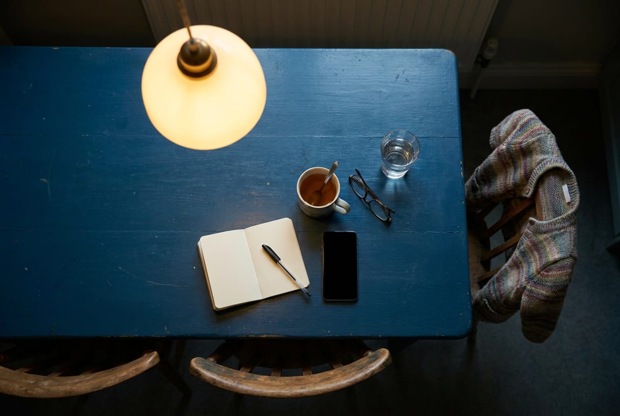 An overhead arrangement of an open notebook and a pen, a phone, a clear sample tube and a sterile swab, and a child's folded cardigan.