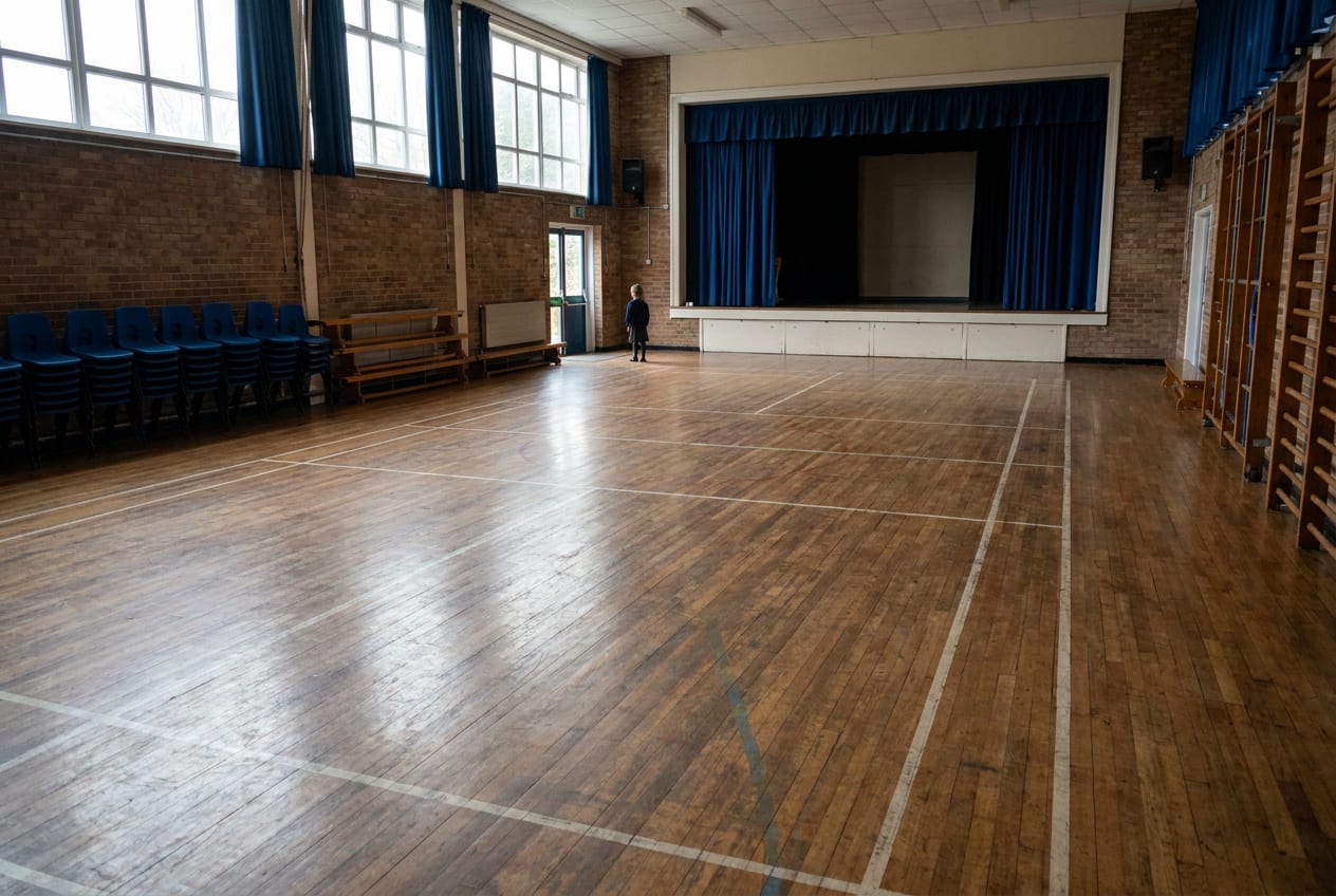 A very wide view of a large, empty school hall with a polished floor and tall windows, one small child in uniform standing alone at the far end with their back to the camera