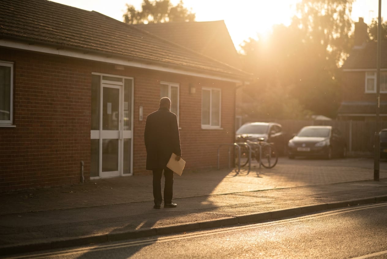 An adult standing outside a British GP surgery in low evening sun, seen from behind, holding a plain folder.