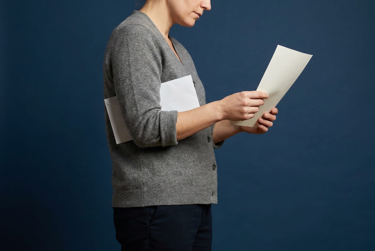 A parent alone against a plain studio backdrop, holding a single sheet of paper and a sealed envelope, head turned down and away from the camera.
