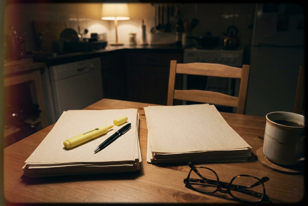Two squared stacks of printed pages laid side by side on a kitchen table under a lamp, with an uncapped highlighter resting across the top sheet and a mug beside them.