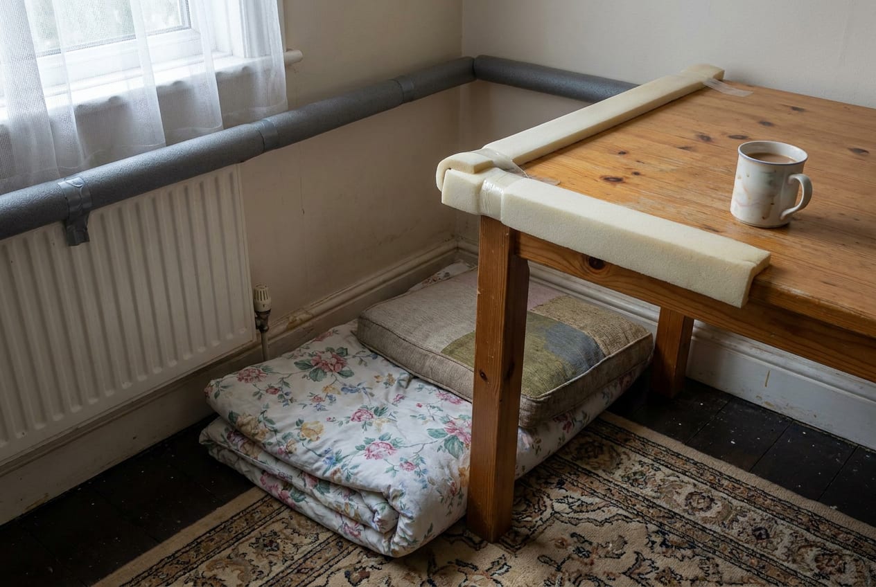 The corner of a dining room padded for safety: foam taped over the sharp corner of the table, a folded duvet and two sofa cushions laid along the skirting board, a rug pulled over the floorboards