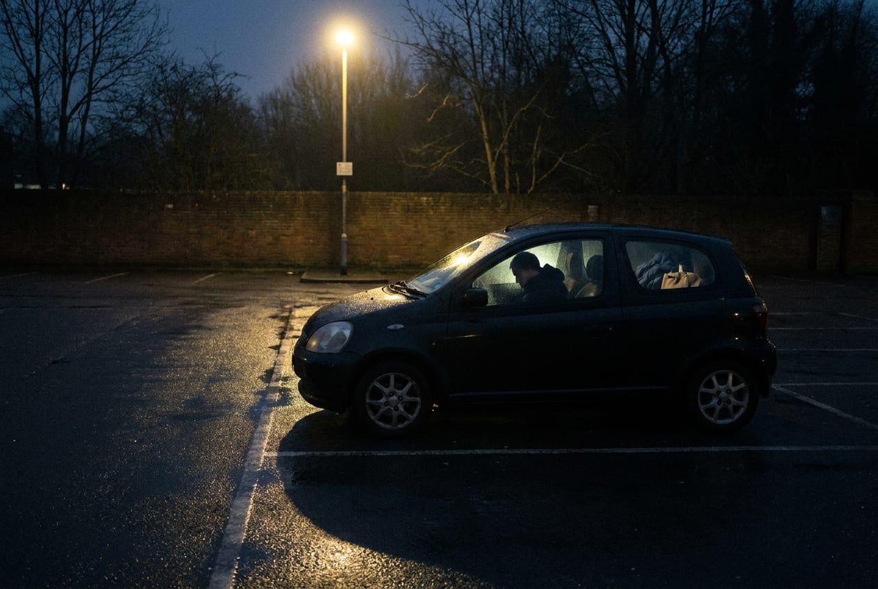 A single car parked alone at the far edge of an empty car park after dark, lit by one overhead lamp, with an adult sitting still behind the wheel, face turned away.