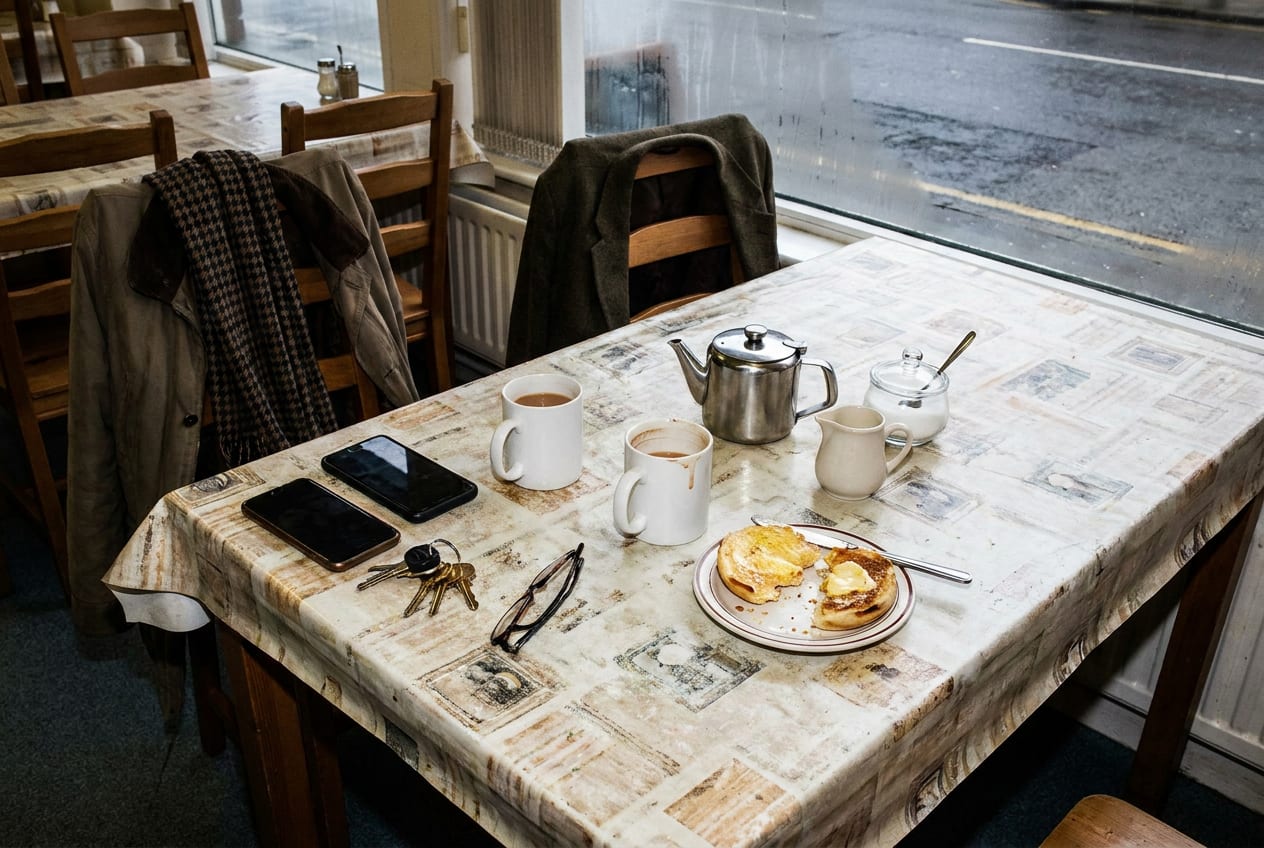 Two mugs of tea and two face-down phones on a small cafe table, with coats over the backs of two empty chairs.