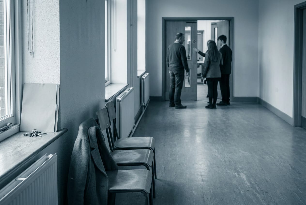 A parent, a teenager and a member of college staff seen from behind at the far end of a quiet further education college corridor, beside an open workshop doorway in flat daylight.