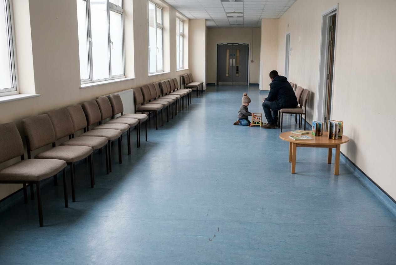 A long, almost empty NHS health centre waiting area, with a parent and a small child sitting far away at the end of a row of chairs.