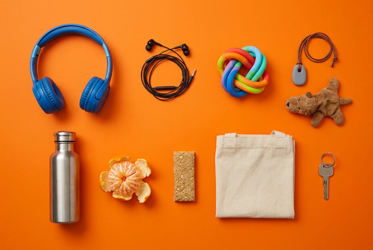 An overhead flat lay of a supermarket kit for a sensory-sensitive child: child-sized ear defenders, a fidget, a small soft toy, a chewy on a cord, a water bottle, a snack and a folded tote bag laid out in rows