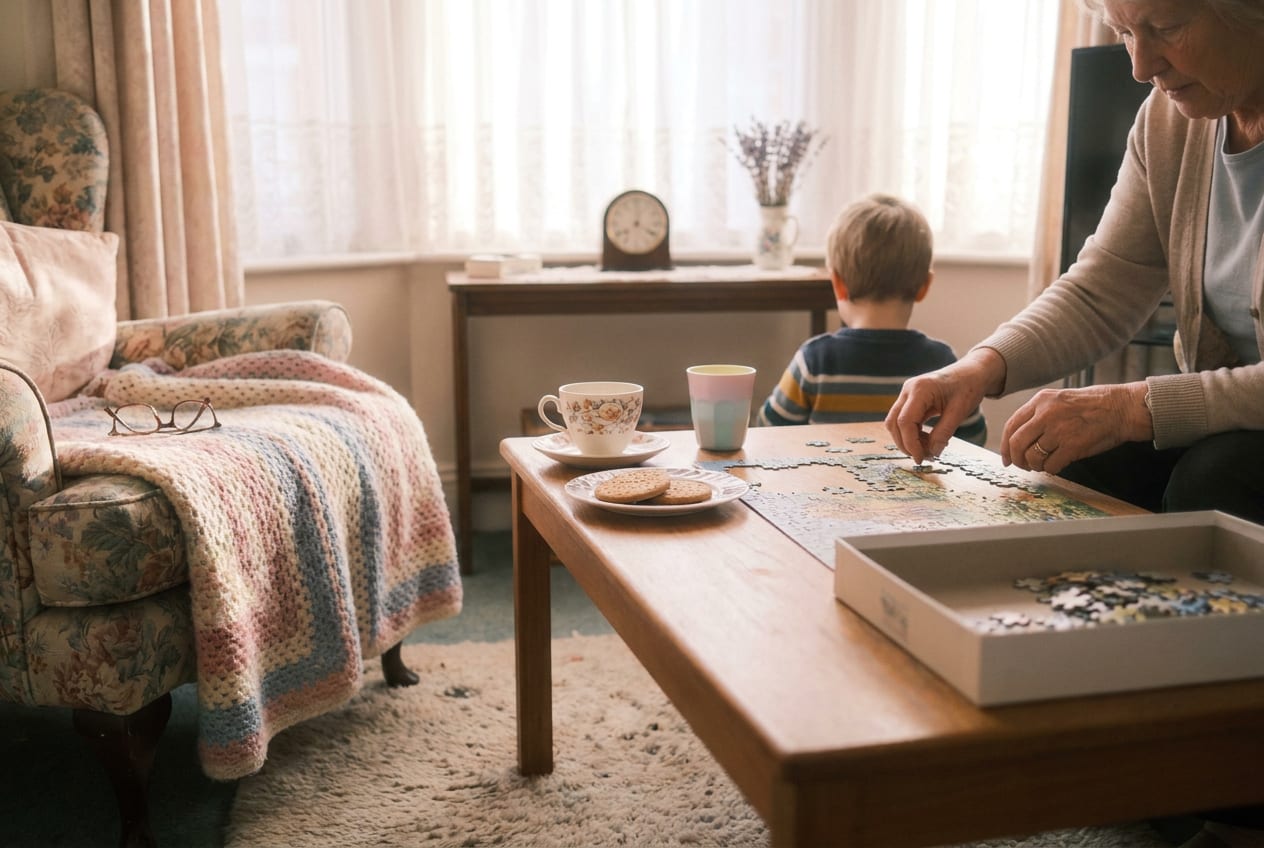 A grandparent's front room on a Saturday morning: two cups of tea and a half finished jigsaw on a low table, a child kneeling with their back to the camera.