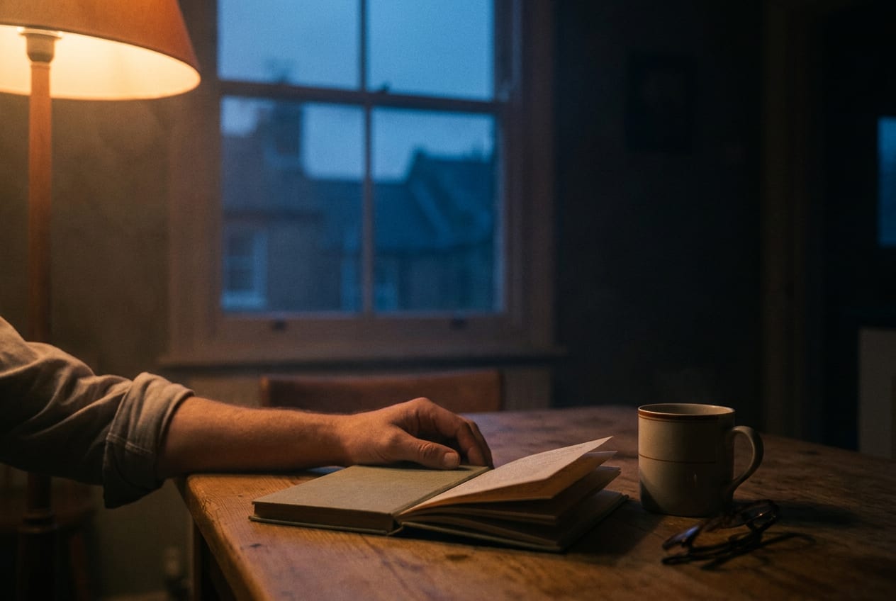 A children's hardback lying open and face down on a kitchen table late at night beside a cold mug of tea and folded reading glasses, lit by a single lamp, with an adult's hand resting at the edge of the table