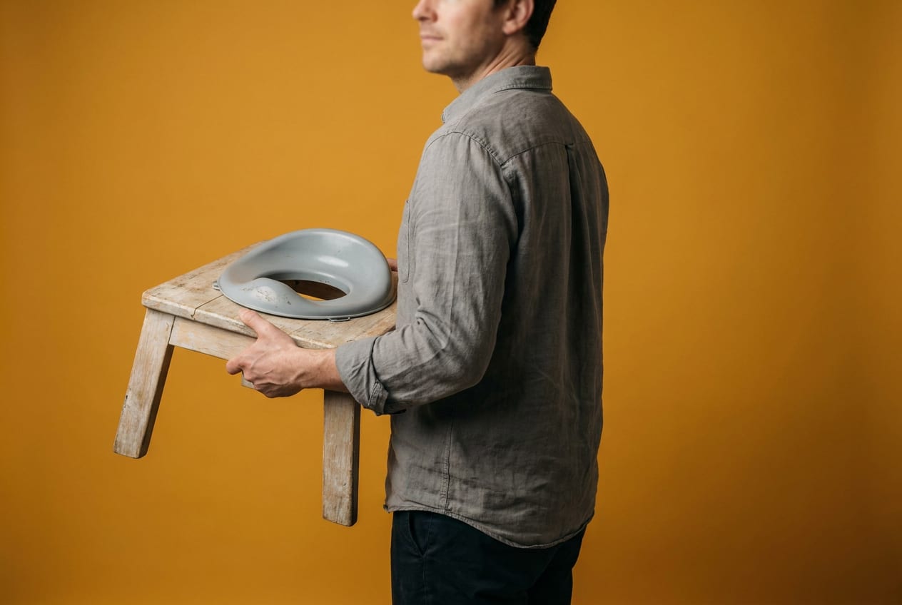 An adult standing alone against a plain studio backdrop, head turned away from the camera, holding a small wooden step stool with a child's plastic toilet insert seat resting on top of it