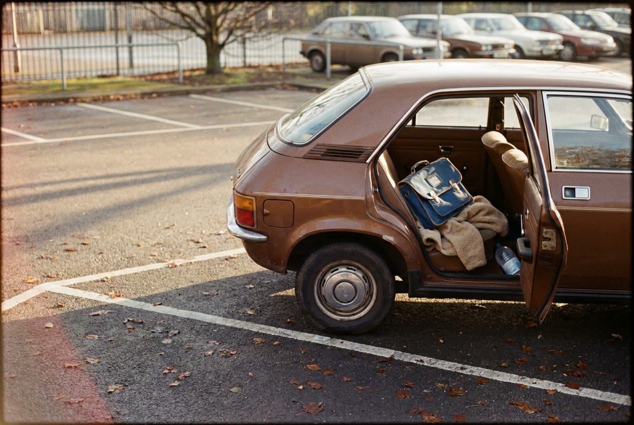 A school car park in the late afternoon, a car with its rear door standing open and a child's bookbag and fleece dropped on the back seat, nobody in the frame.