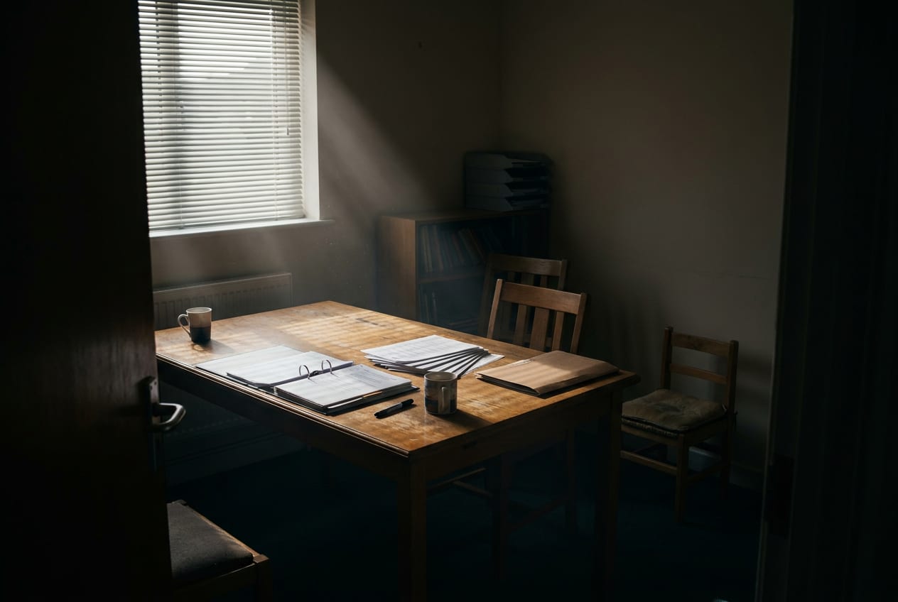 An empty school meeting room after the last bell, with two chairs pulled up to a table holding an open ring binder, papers and two mugs, lit by one low shaft of sun through a window blind.