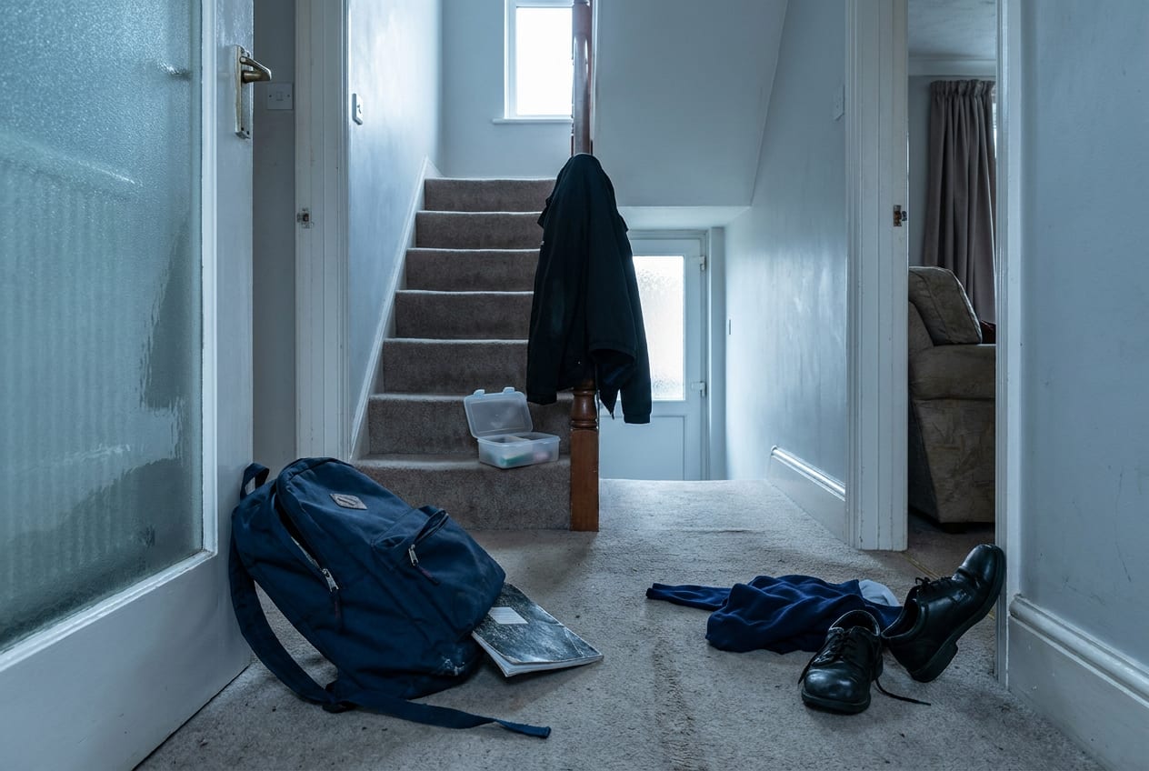 An empty hallway in a family home, with a school bag, jumper and shoes dropped at the foot of the stairs.