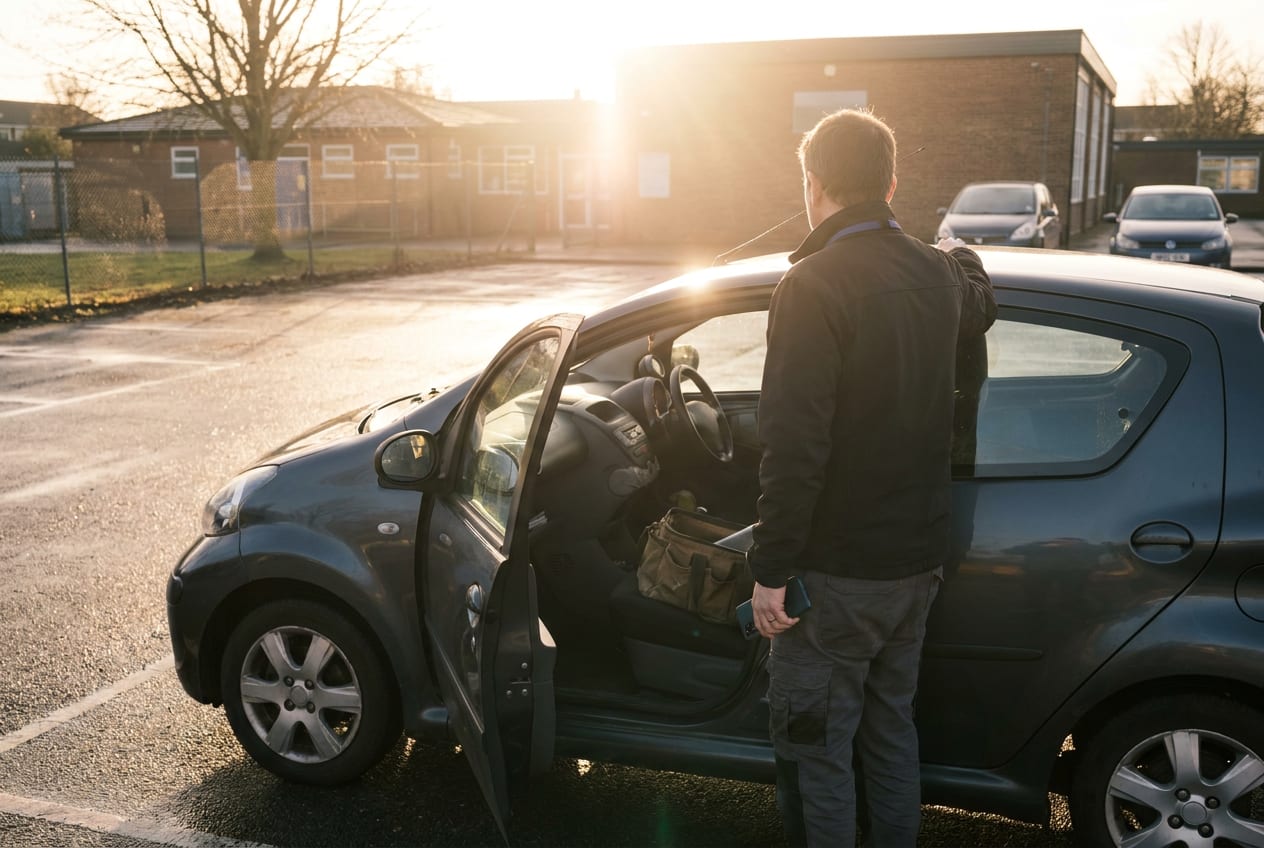 A near-empty school car park in low afternoon sun, with one adult standing alone beside an open car door, a phone held down at their side.