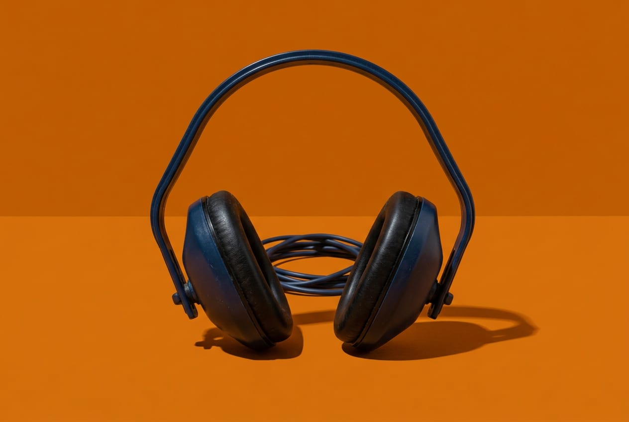 A single pair of plain over-ear headphones alone on a flat, strongly coloured background.