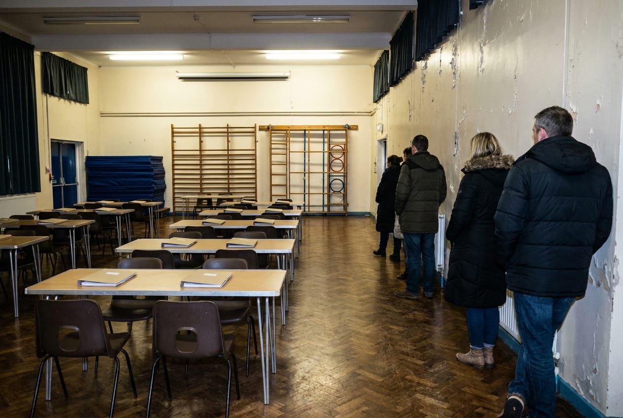 A primary school hall set out for a parents’ evening: rows of folding tables, one adult chair on the teacher’s side of each and two small chairs opposite, with adults waiting along the wall, backs to the camera.