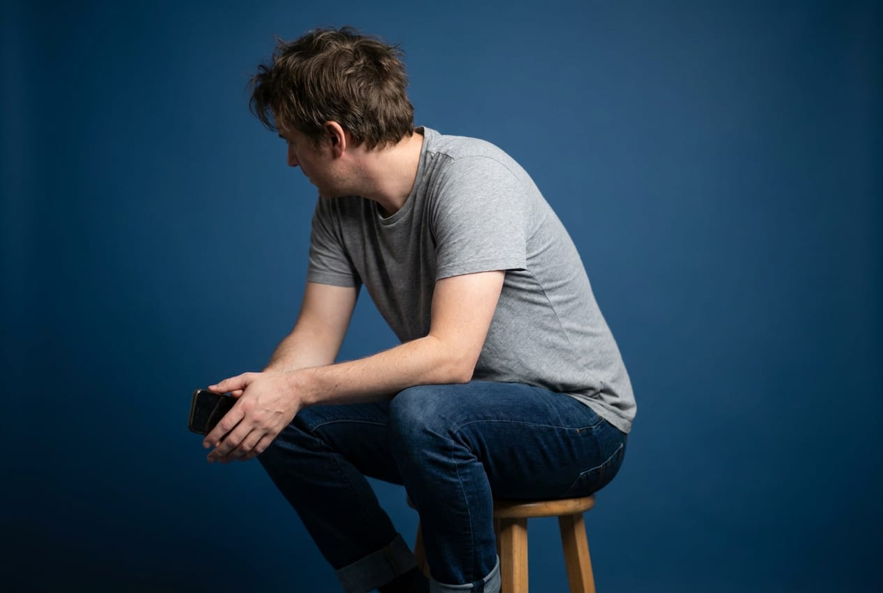 A parent photographed against a plain deep blue studio backdrop, shoulders dropped and head lowered and turned away from the camera, holding a mobile phone loosely at their side after a call