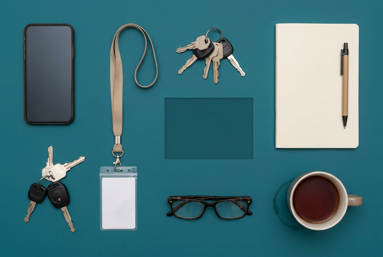 An overhead view of a work desk cleared in a hurry: a phone face up with a dark screen, a coiled lanyard, car keys, a closed notebook with a pen across it and a half-drunk mug of tea, laid out on a coloured surface