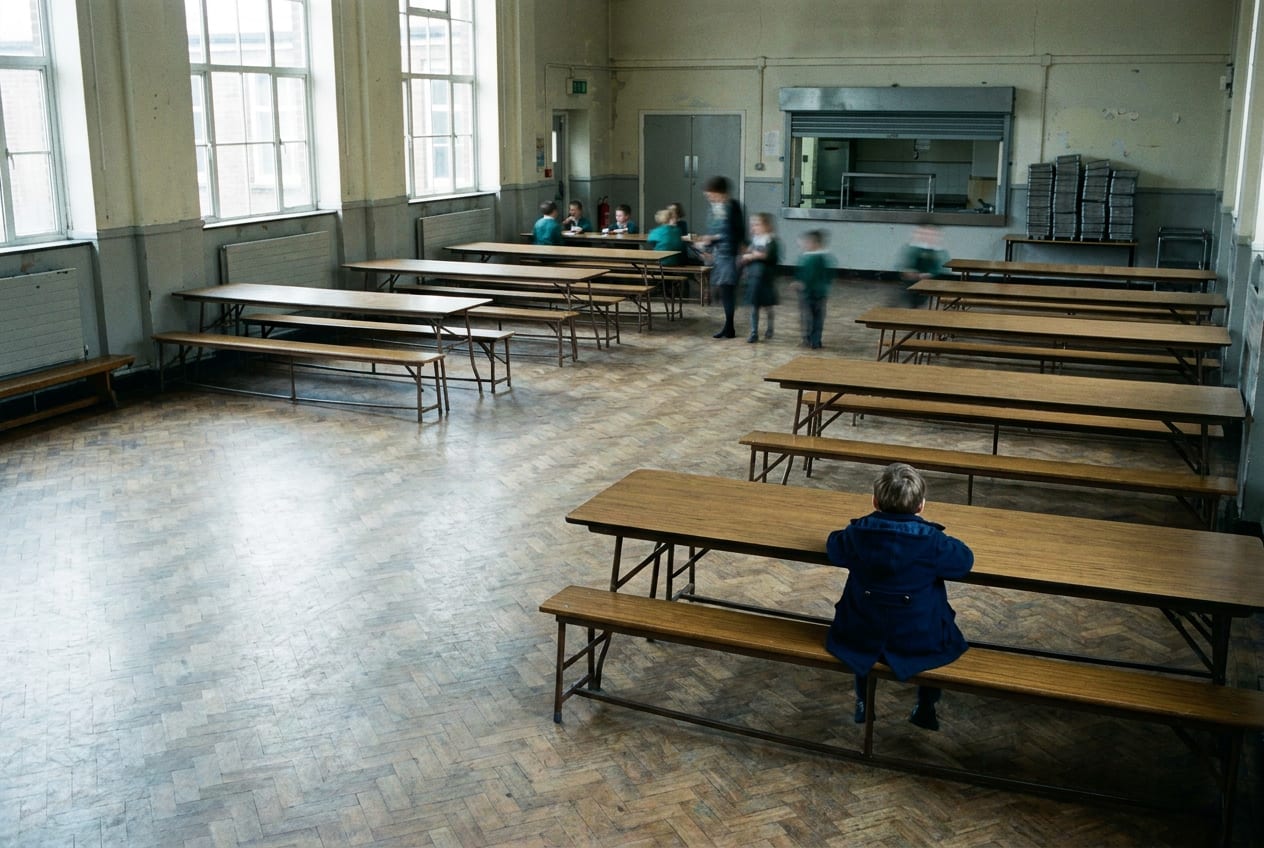 A very wide view from high in the corner of a large school dining hall at lunchtime, long rows of benches running away towards the far wall, one small child sitting alone near the end of one bench with their back to the camera