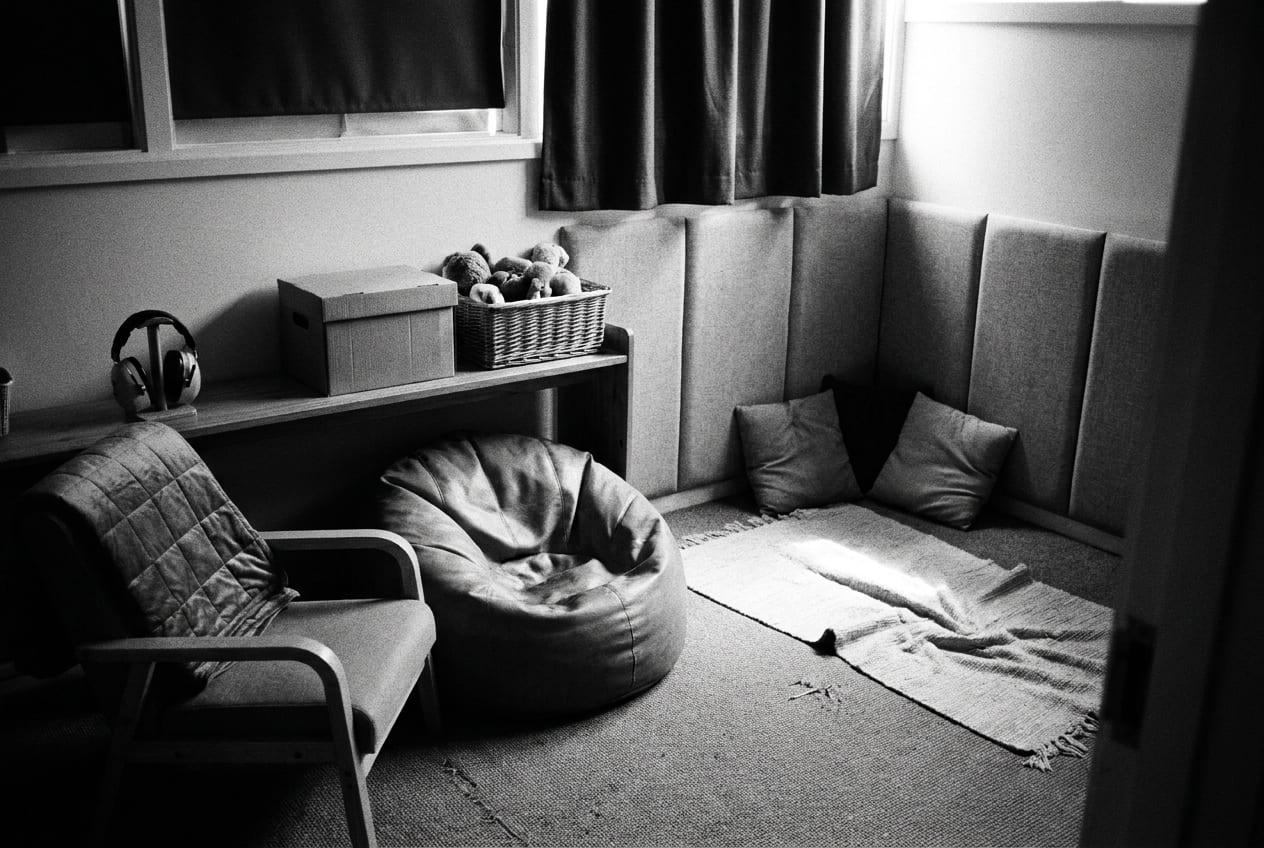 An empty quiet room off a school corridor: a sunken beanbag, a folded weighted blanket over a low chair, and ear defenders on an open shelf.