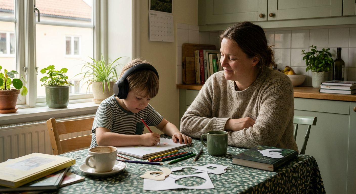 A mother sitting calmly beside her son, who wears headphones and draws at the kitchen table