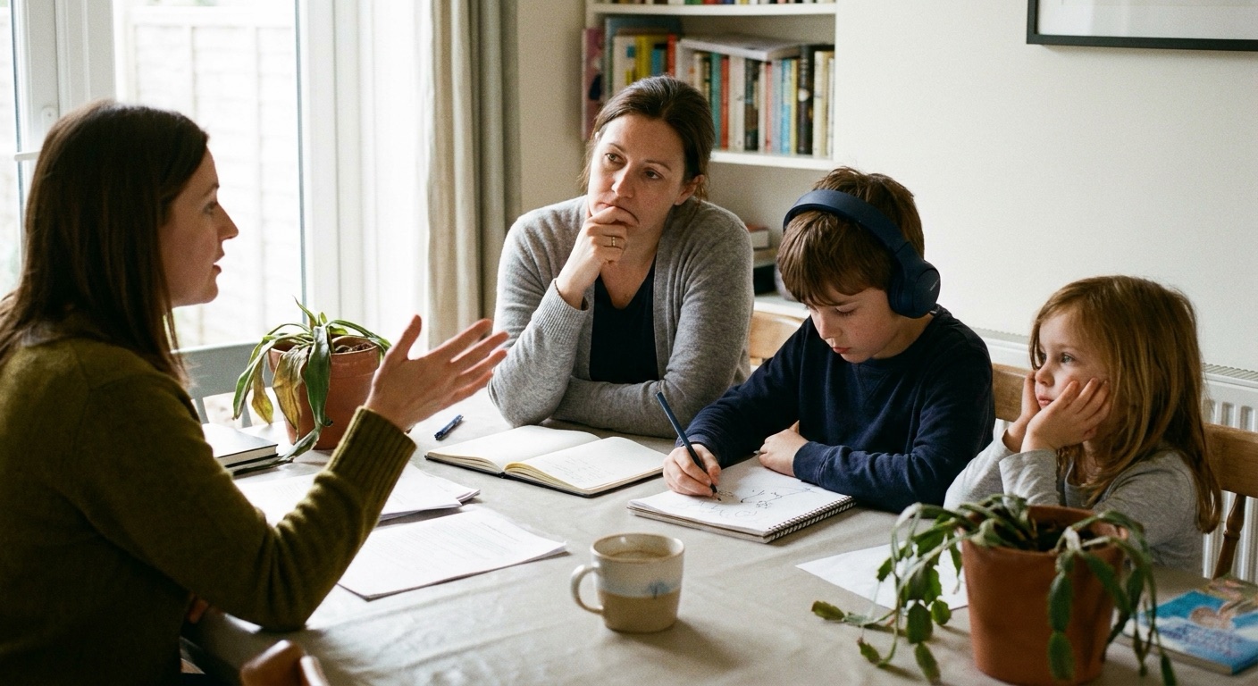 A SEND specialist talking with a parent and her two children at the kitchen table