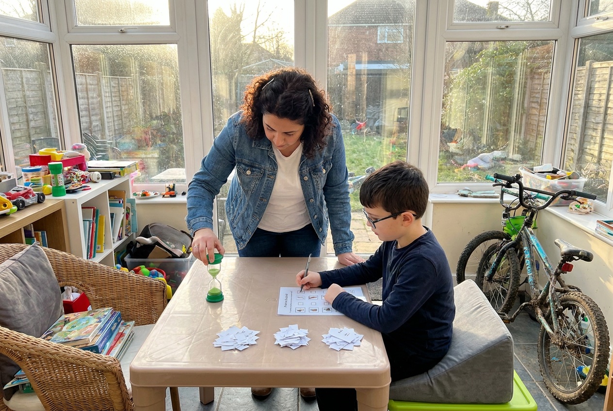 A tutor and a child working through a task broken into steps