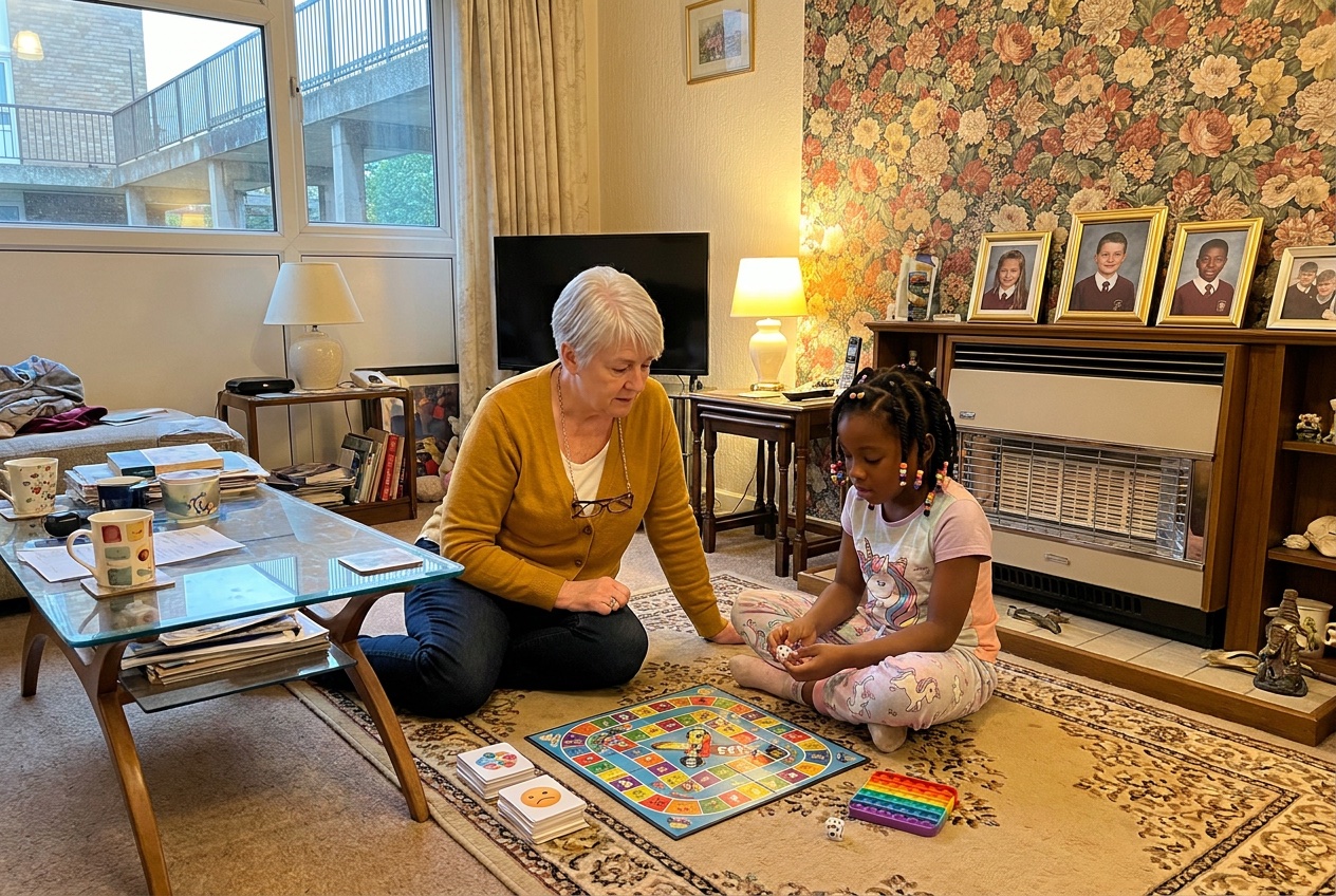 A tutor and a child working together calmly at a kitchen table